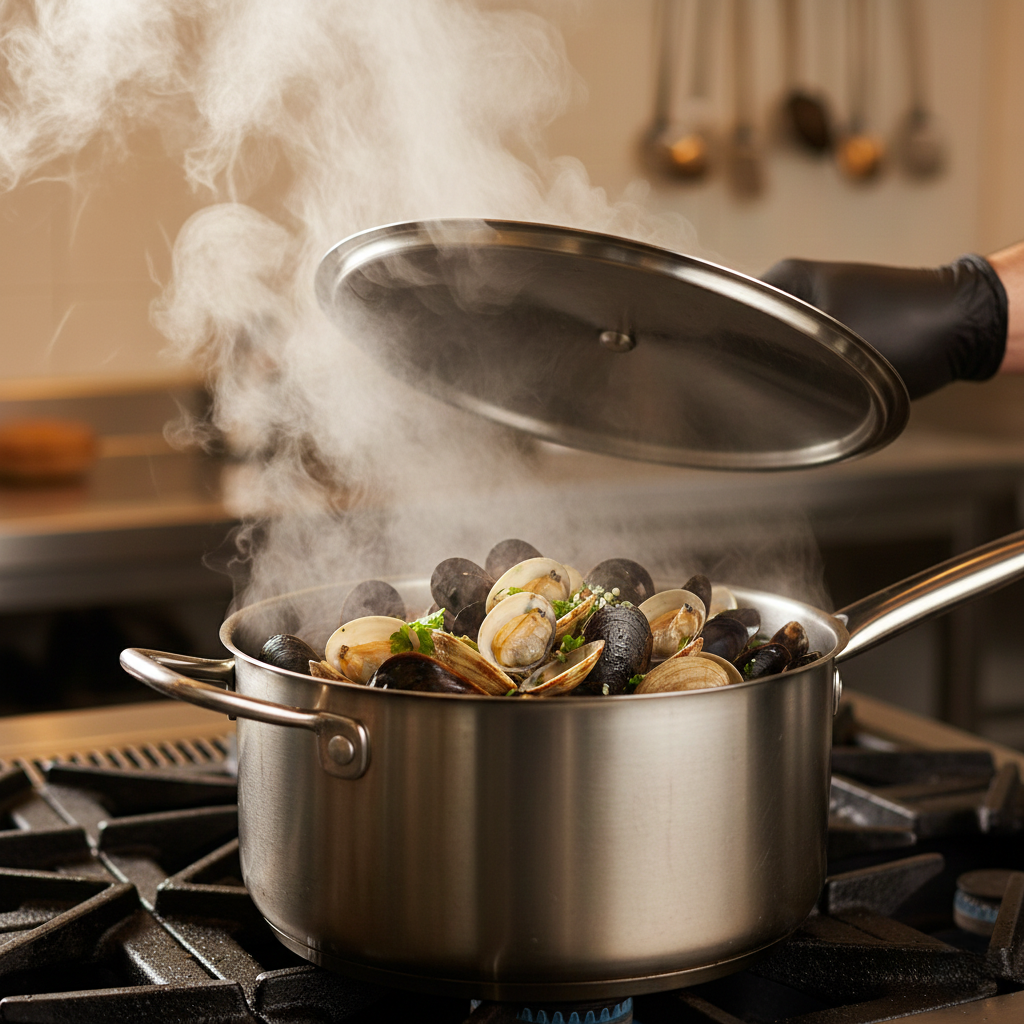 Steaming mussels and clams in a pot