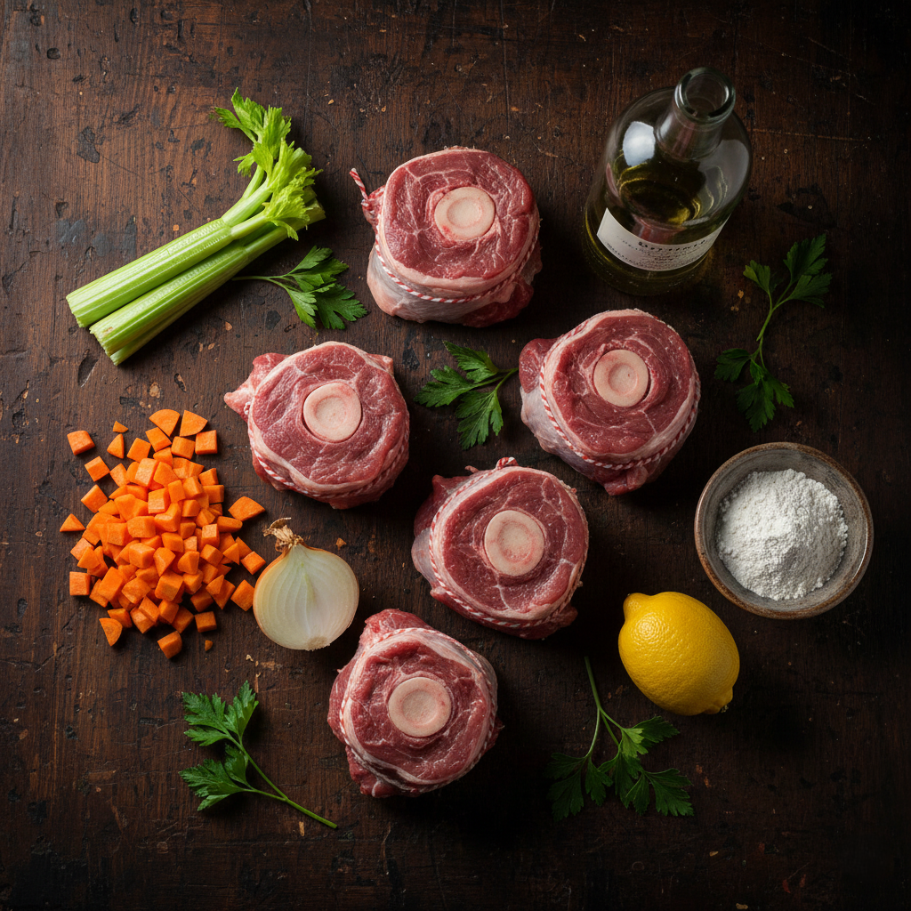 Fresh raw ingredients including veal shanks, carrots, celery, and white wine on a wooden table
