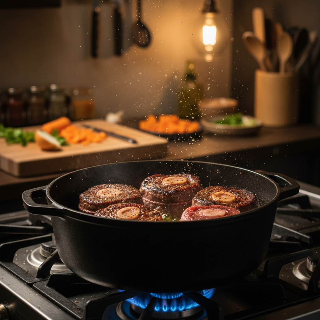 Veal shanks searing in a dutch oven with golden brown crust