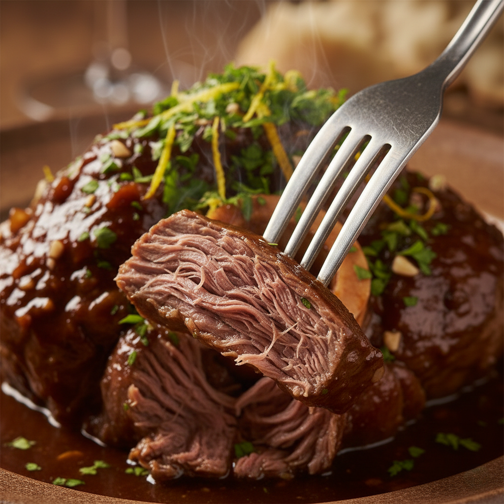 Close up of a fork pulling tender meat off the bone with steam rising