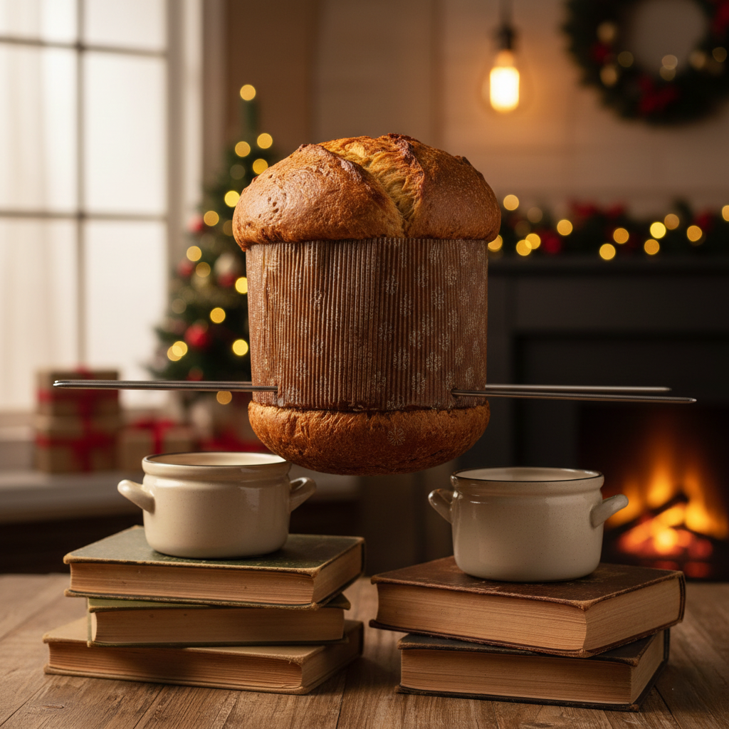 Golden brown Panettone hanging upside down on skewers to cool, preserving its height