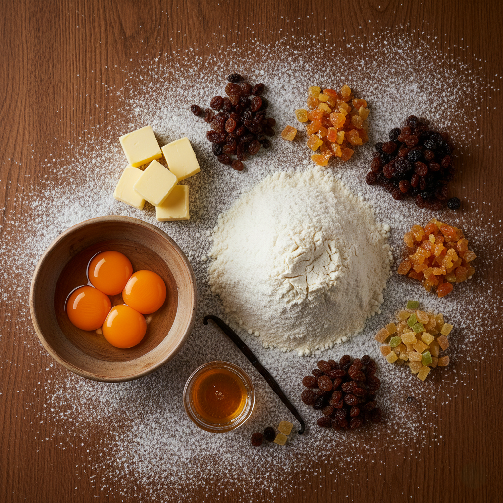 Rustic wooden table setting featuring mise en place ingredients: flour, butter, vibrant egg yolks, and candied peels