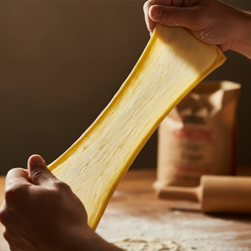 A close up action shot of yellow dough being stretched thin to show the windowpane effect