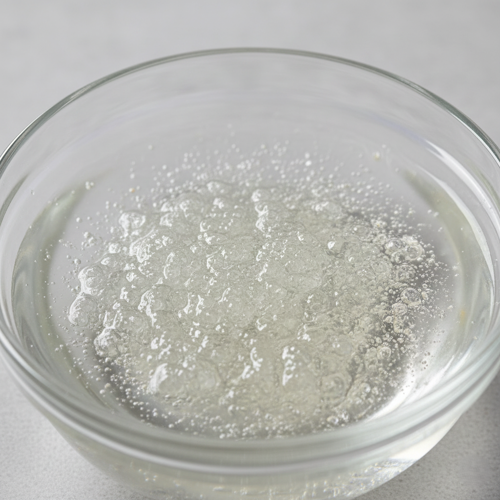 Macro shot of gelatin powder absorbing water in a glass bowl showcasing the textured bloom