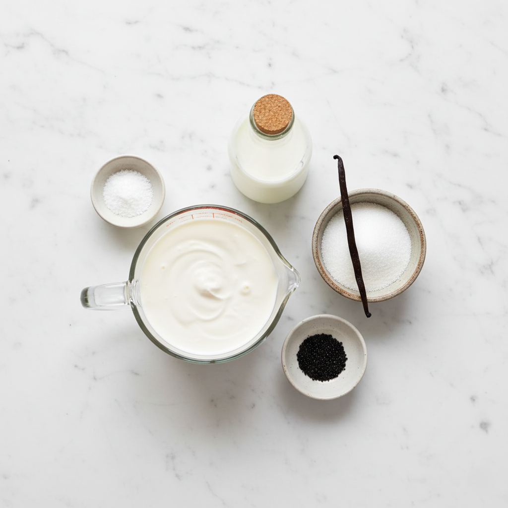 Flatlay of ingredients including heavy cream jug, milk bottle, sugar bowl, and vanilla beans on a marble counter