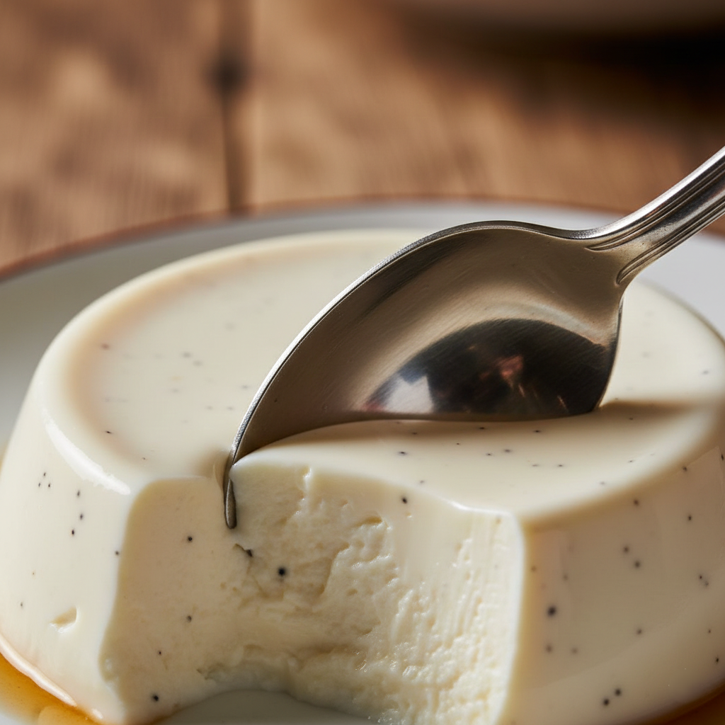 Close up macro shot of a silver spoon cutting into a smooth white panna cotta
