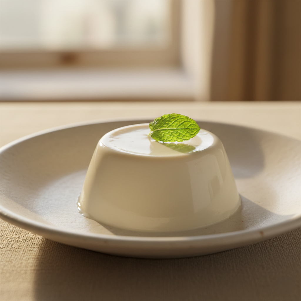 Elegant final shot of unmolded panna cotta on a ceramic plate with red berry garnish