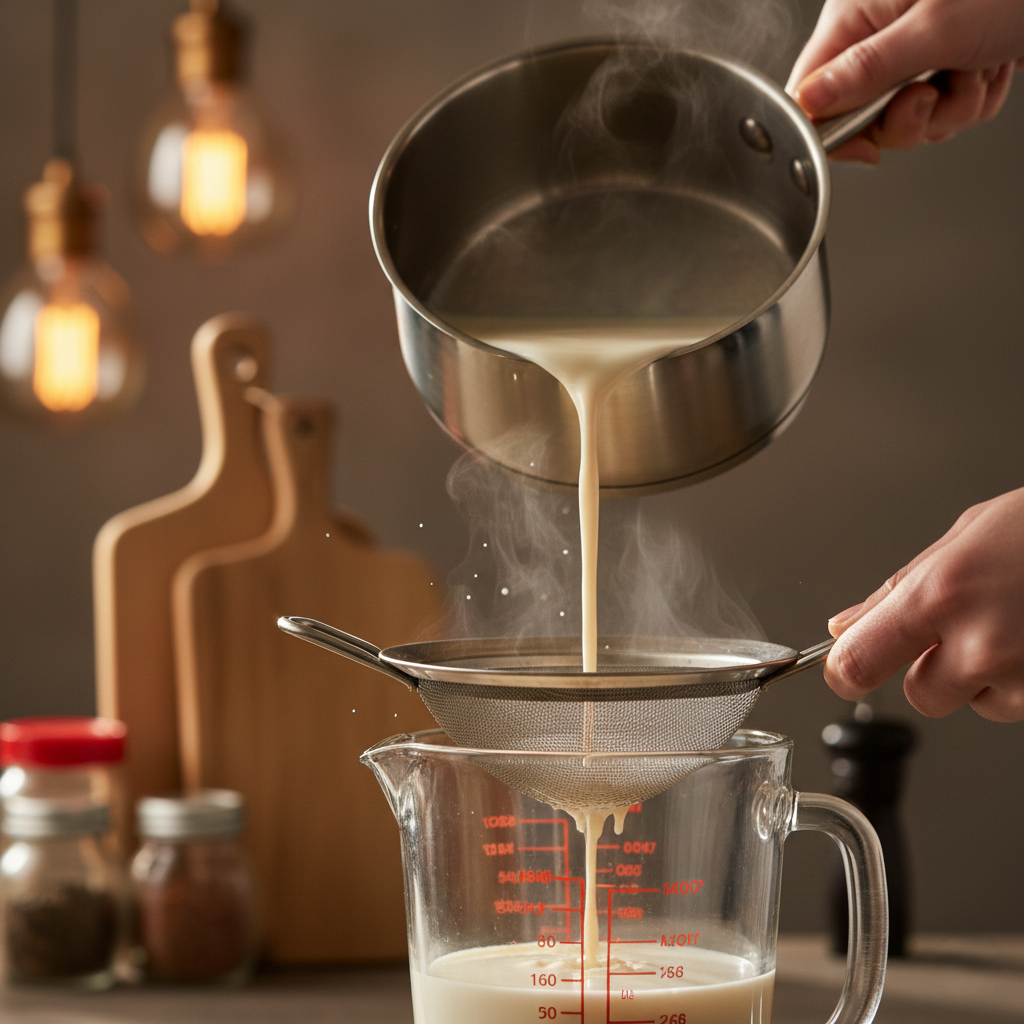 Action shot of creamy white liquid being poured through a stainless steel sieve