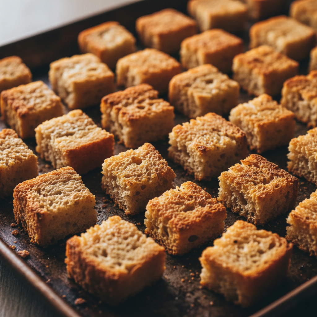 Bread cubes spread out on a baking sheet, looking golden and crisp with sun lighting