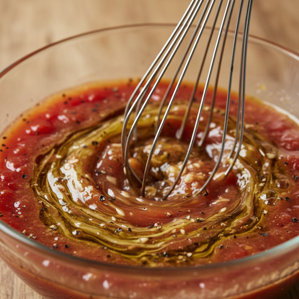 Close up of a whisk mixing olive oil into red tomato juices, creating an emulsion