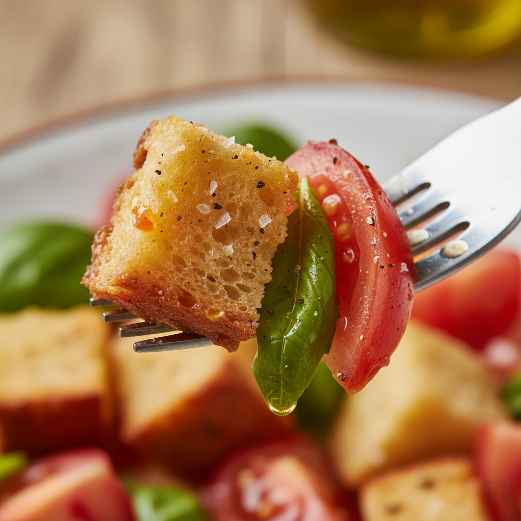 Close up macro shot of the final plated Panzanella dish showing texture of soaked bread