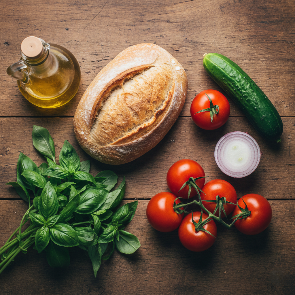 A vintage Italian kitchen table with ingredients laid out: a loaf of rustic bread, a bottle of olive oil, and fresh basil