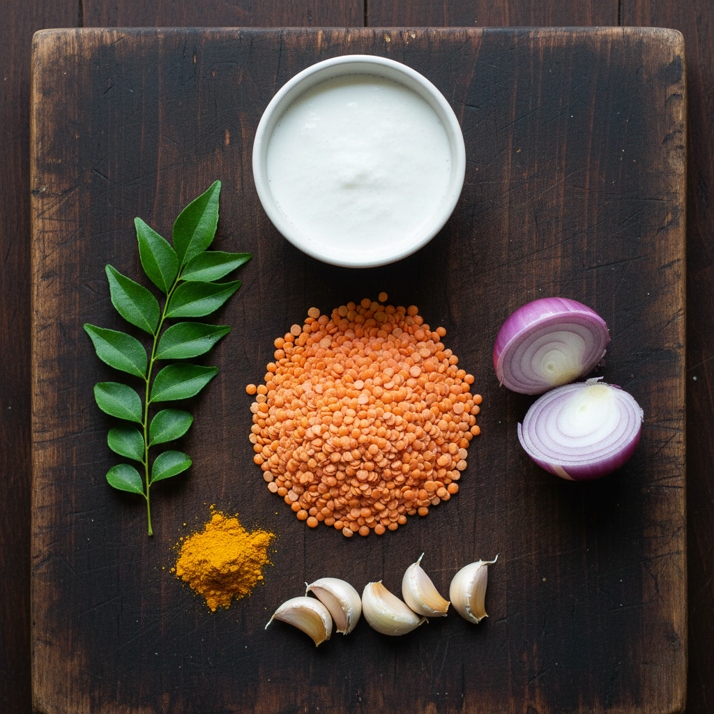 Knolling style flat lay of raw ingredients: orange lentils, coconut milk, green curry leaves, yellow turmeric, and purple onions on a wooden board