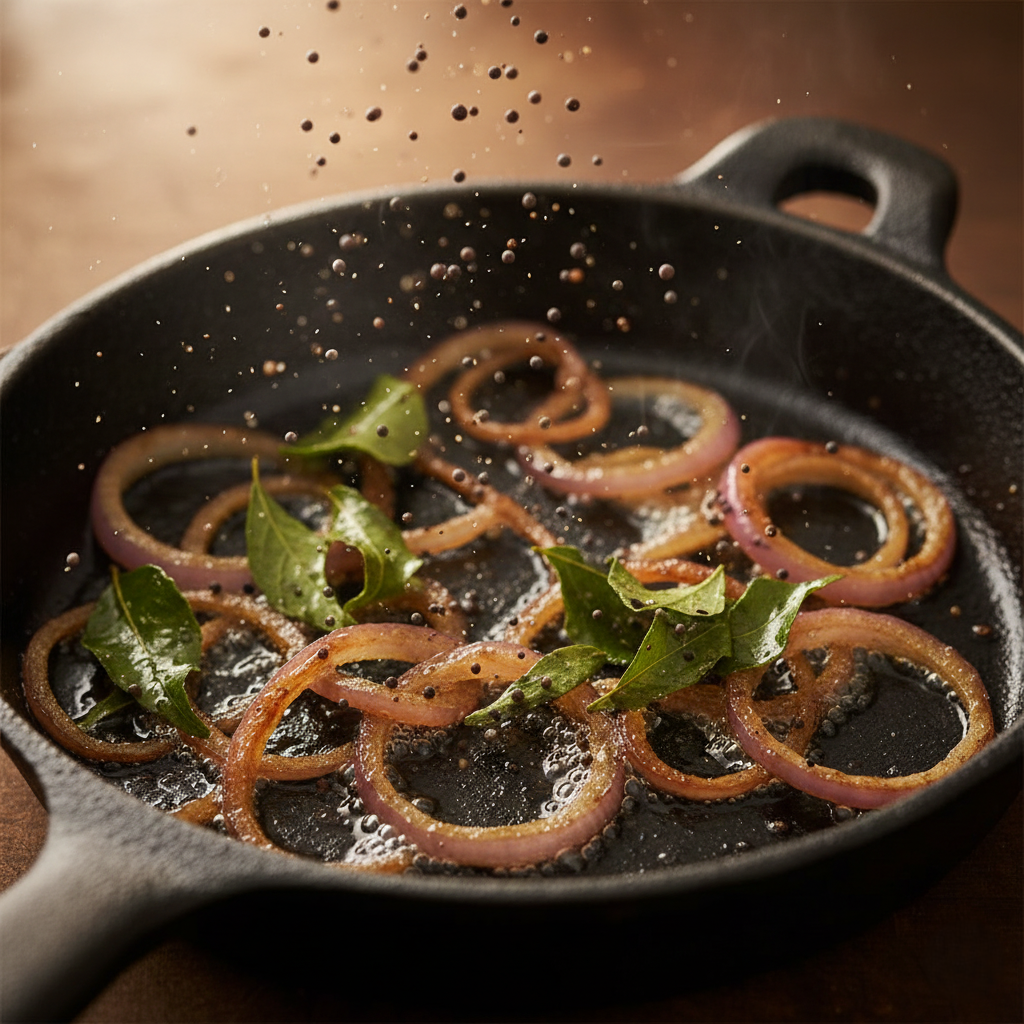 Action shot of mustard seeds and curry leaves sizzling and popping in hot oil in a small skillet