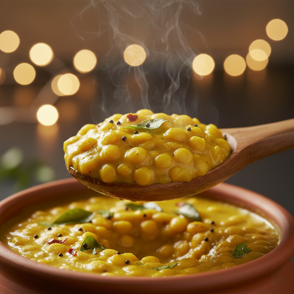 Close up macro shot of a spoon lifting creamy yellow dhal, steam rising, highlighting the texture
