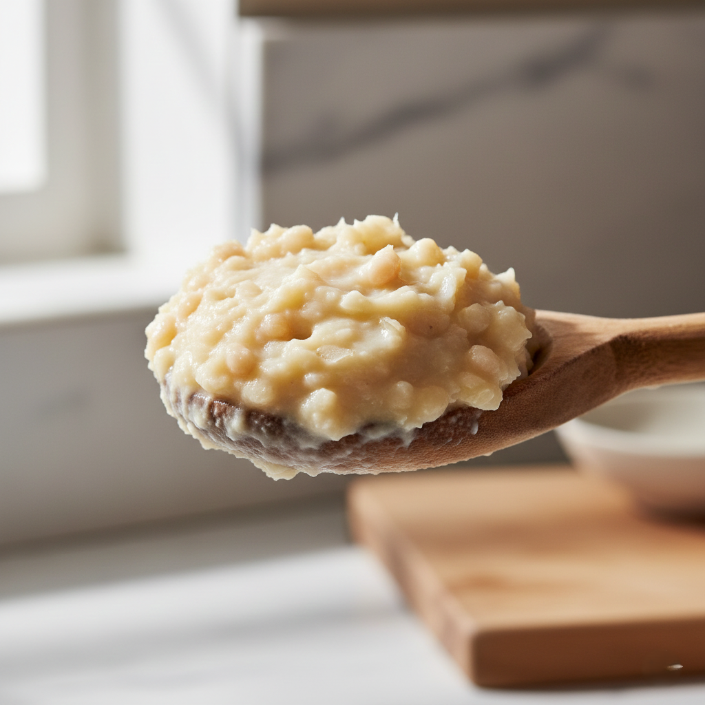 A close-up of a wooden spoon lifting a scoop of creamy, mashed cannellini beans revealing a smooth texture