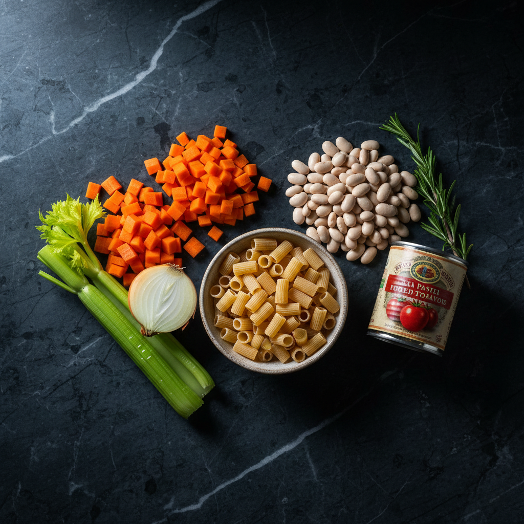 Raw ingredients laid out on a dark marble counter: bright orange carrots, celery stalks, ditalini pasta, and bowls of white beans