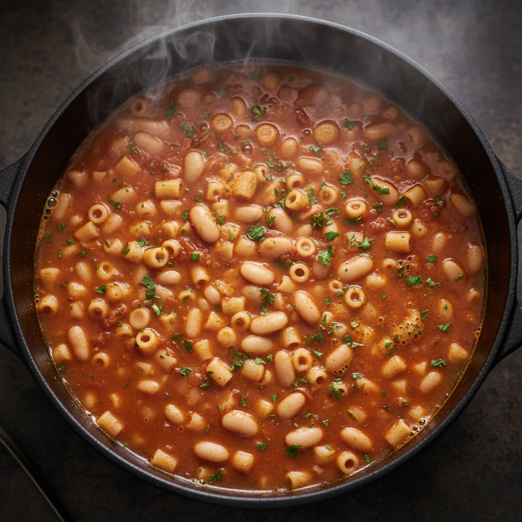 Top down view of a dutch oven pot simmering with rich red-orange broth bubbles breaking the surface