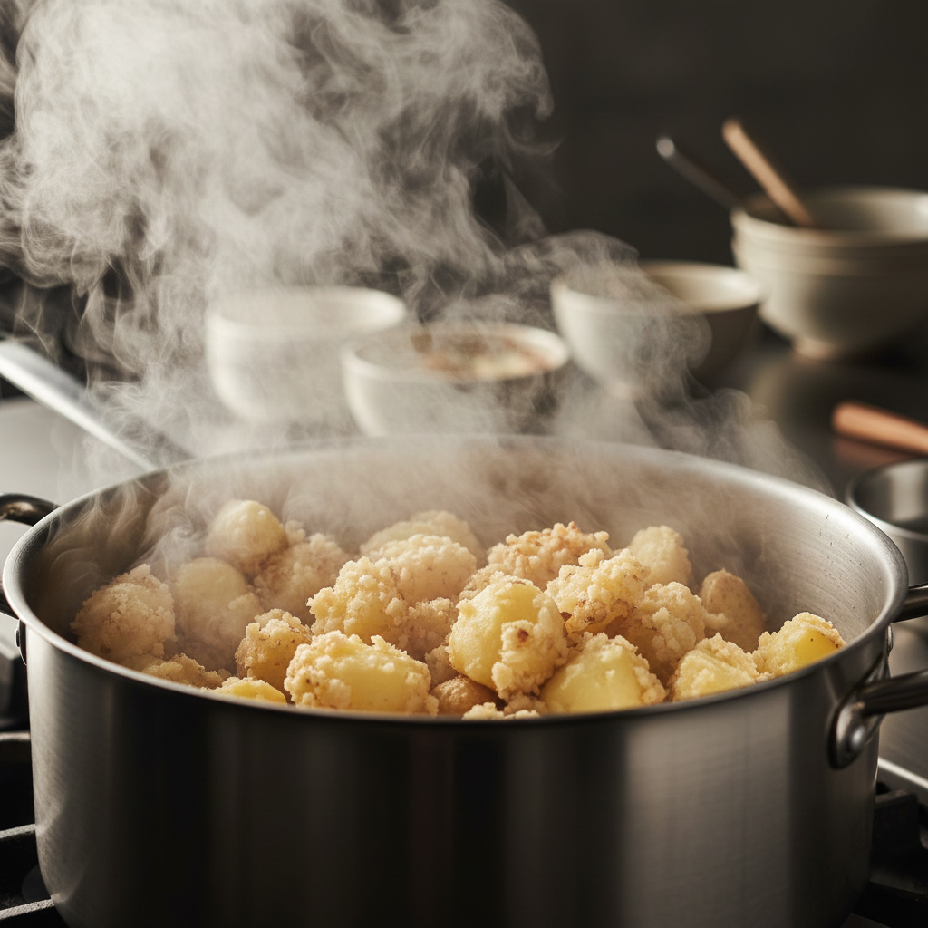 Close up of parboiled potatoes in a pot with rough, fuzzy edges steaming hot