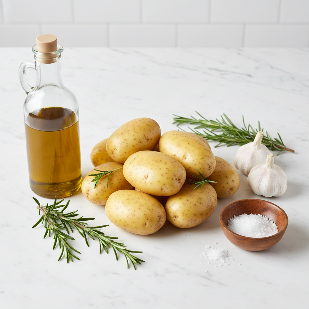 Flat lay of raw ingredients: potatoes, fresh rosemary, garlic bulbs, and olive oil on a marble surface