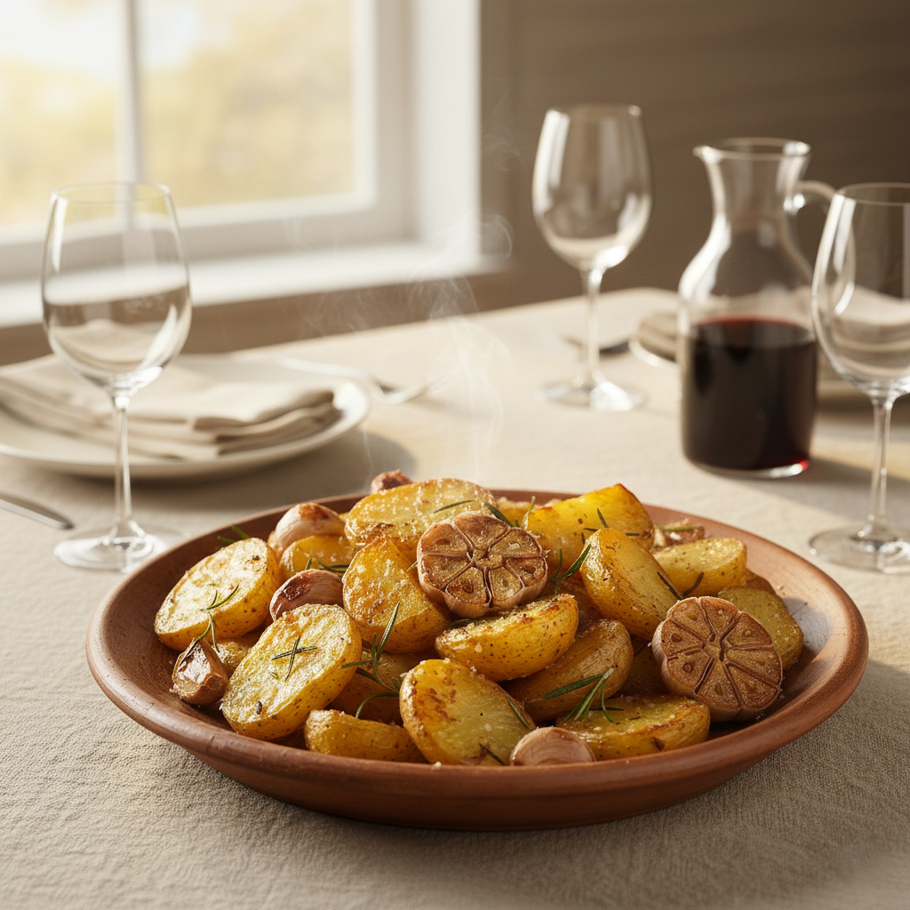 Golden brown roasted potatoes piled high on a rustic ceramic platter with fresh rosemary