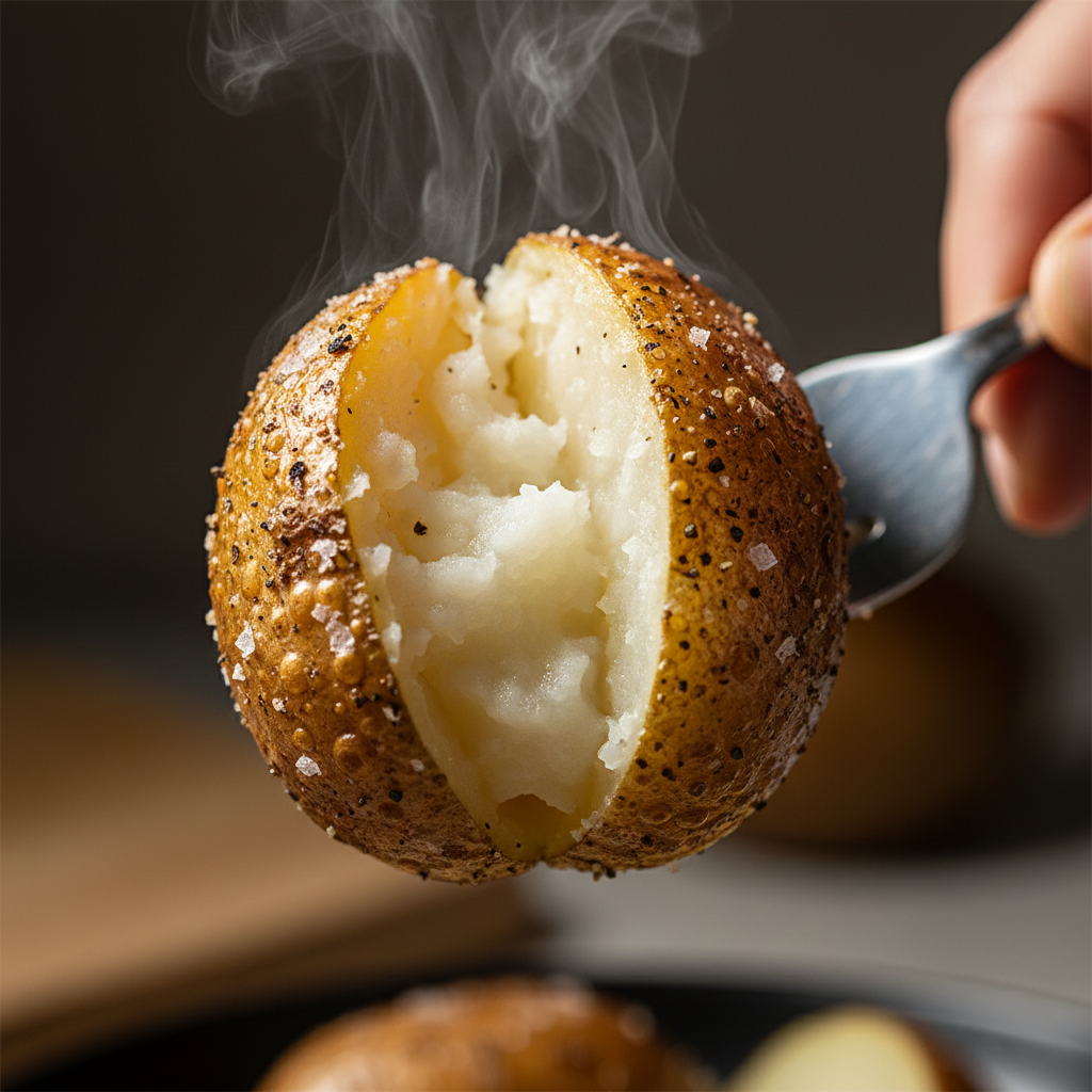 Macro shot of a fork breaking into a crispy roasted potato showing the fluffy interior