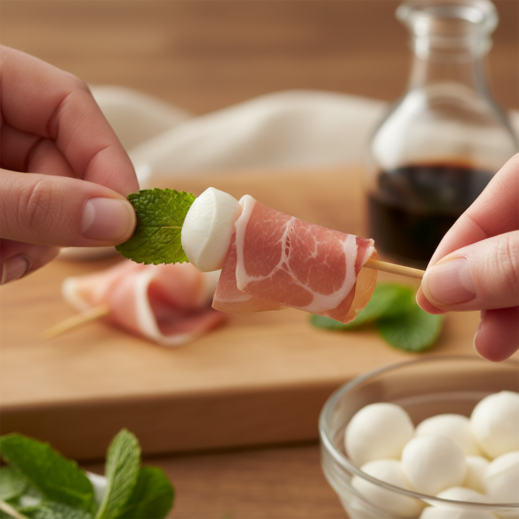 Close up macro shot of hands assembling the skewer, threading a pearl of mozzarella next to a folded ribbon of pink prosciutto.