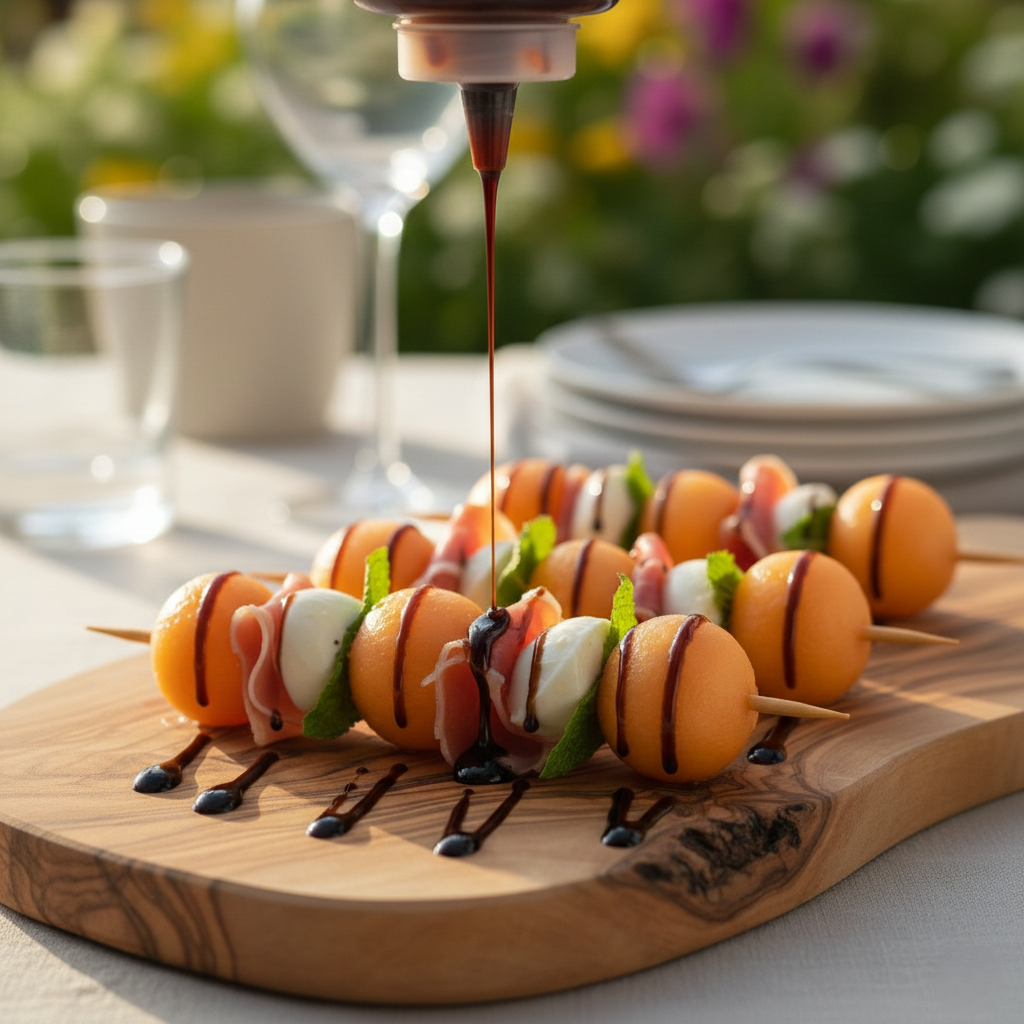 Action shot of a hand squeezing a bottle of dark balsamic glaze, creating a perfect zig-zag drizzle over the finished skewers.