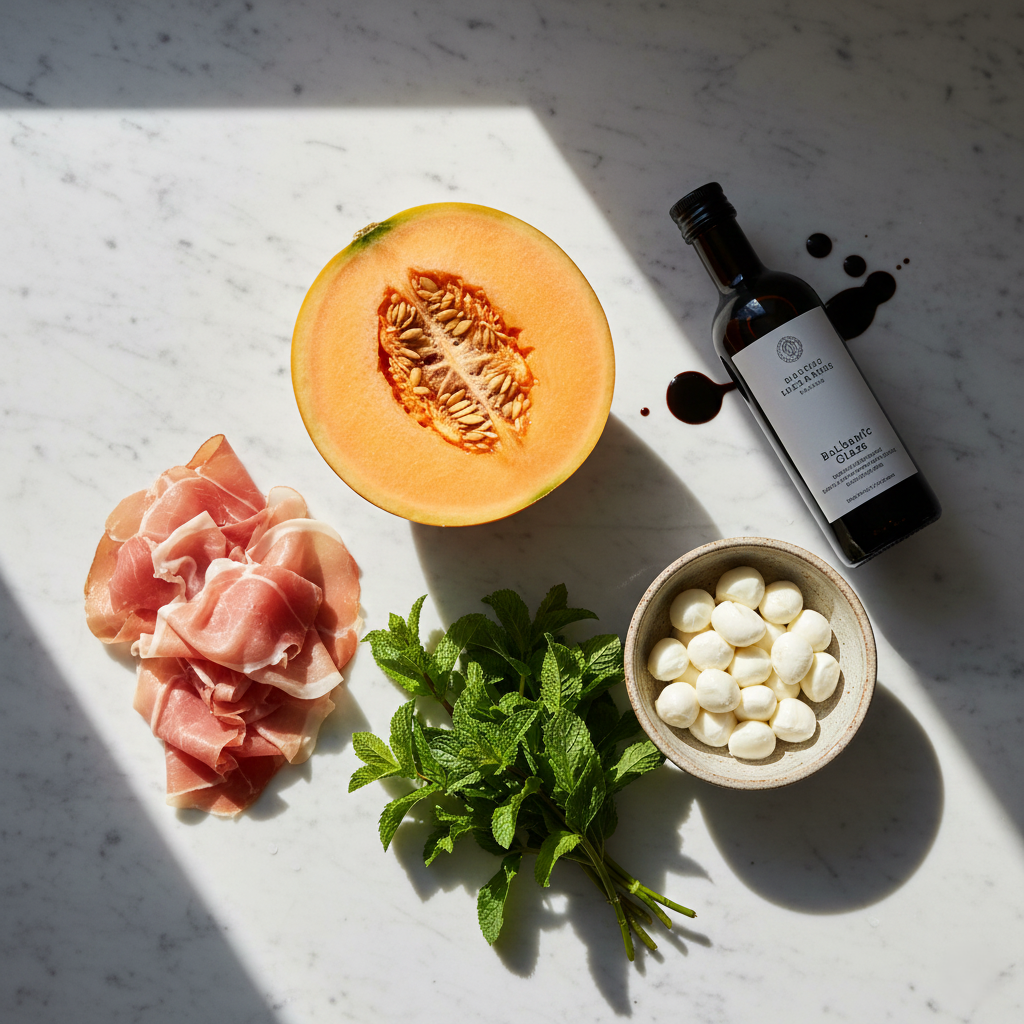 An artistic ingredient layflat featuring a halved cantaloupe with seeds exposed, thin slices of prosciutto, a bowl of white mozzarella pearls, and vibrant green mint leaves on a marble countertop.