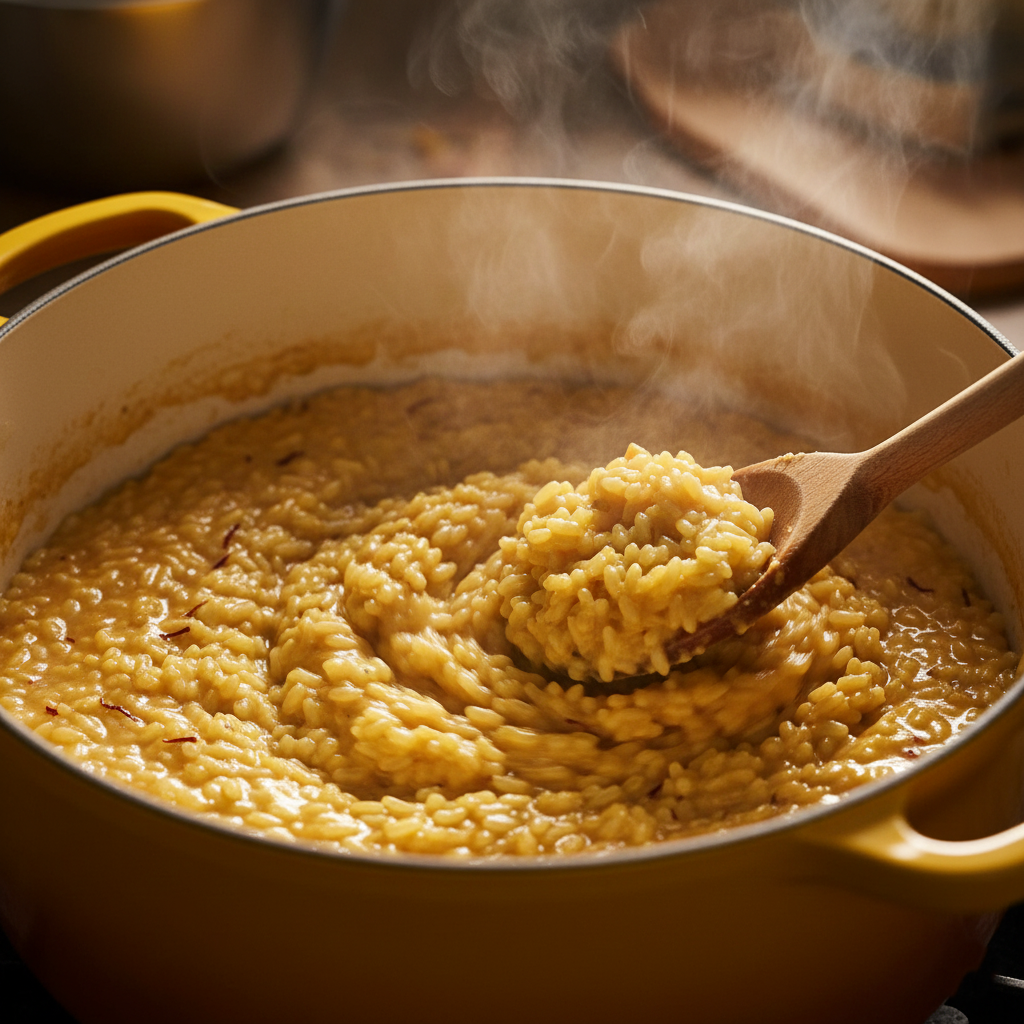 Top down view of risotto simmering in a pot, turning golden yellow