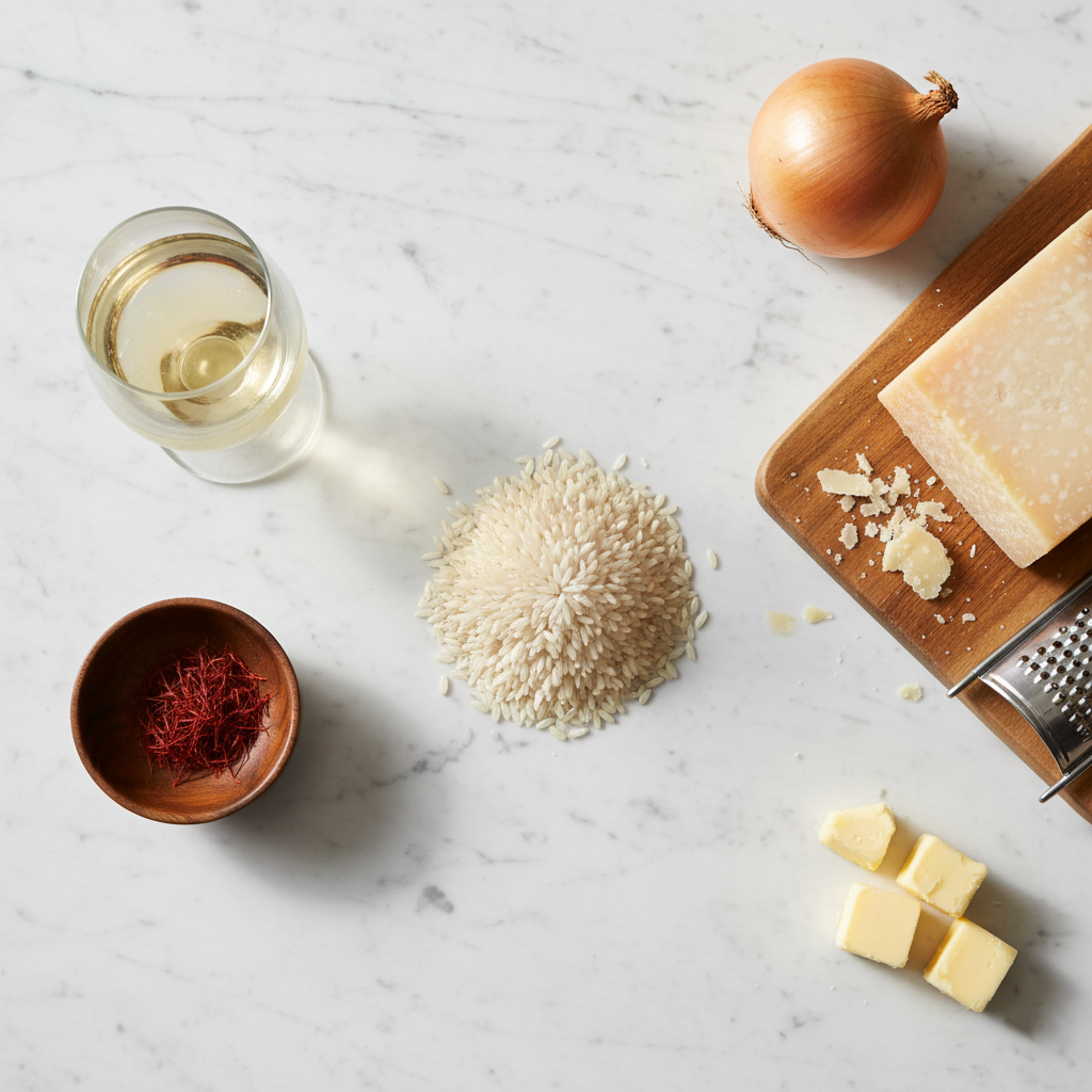 Ingredients knolling shot: Arborio rice, white wine glass, saffron threads, onion, and parmesan