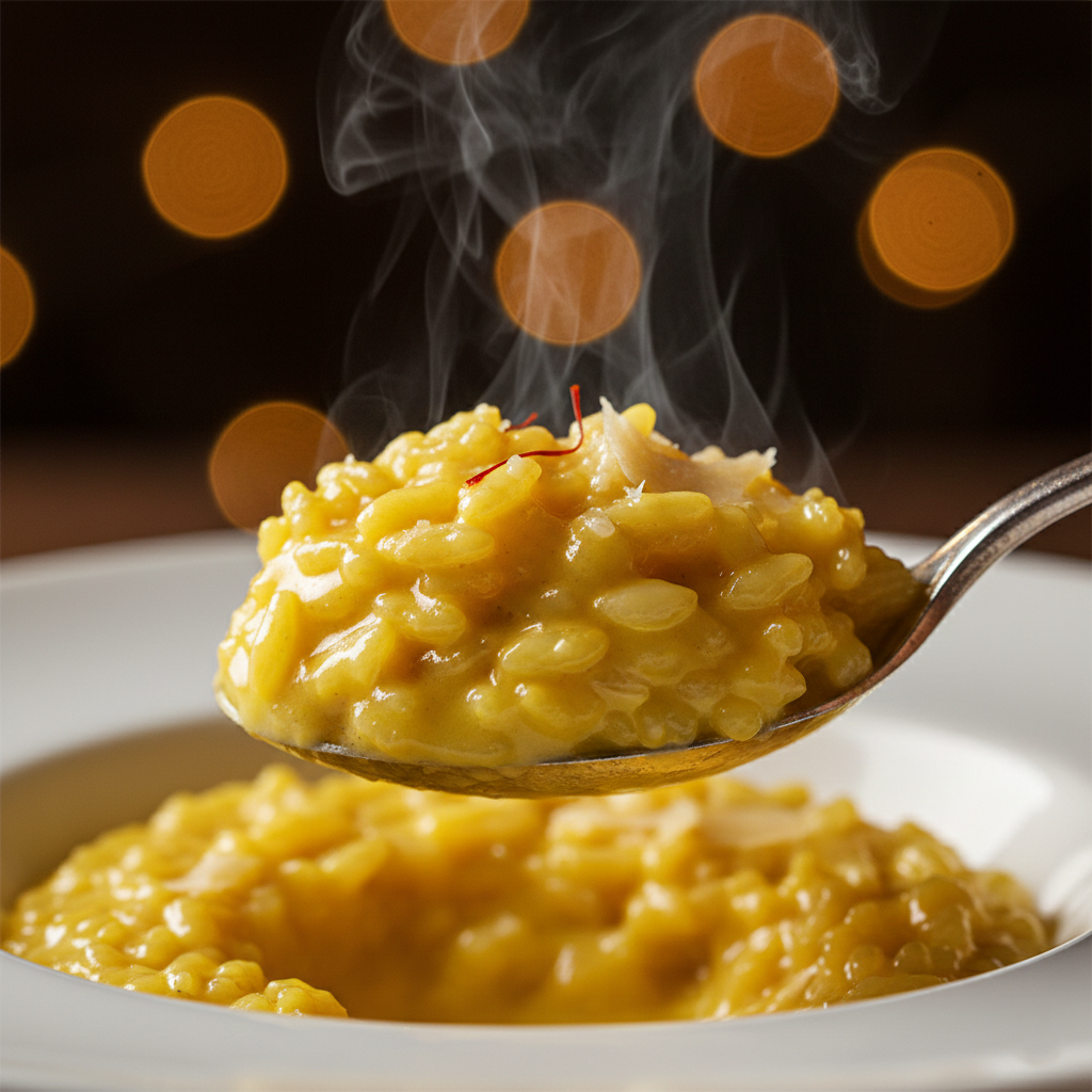 Close up of a spoon lifting creamy golden risotto from a bowl, showcasing the texture