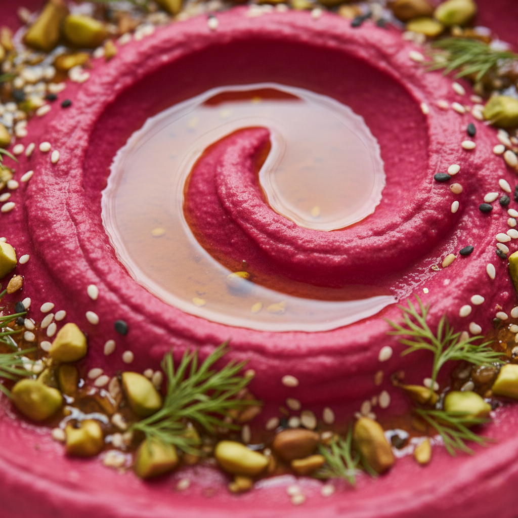 Close up macro shot of pink beet hummus texture with olive oil pooling in the swirls