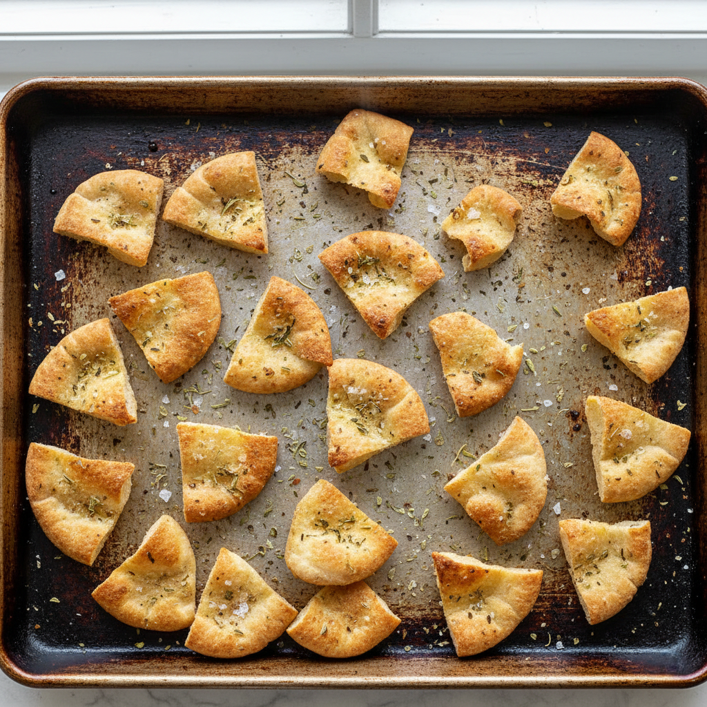 Golden crispy pita chips on a baking sheet with za'atar seasoning