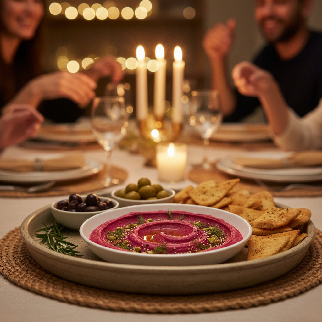 A table spread showing friends sharing mezze, dipping bread into the pink hummus