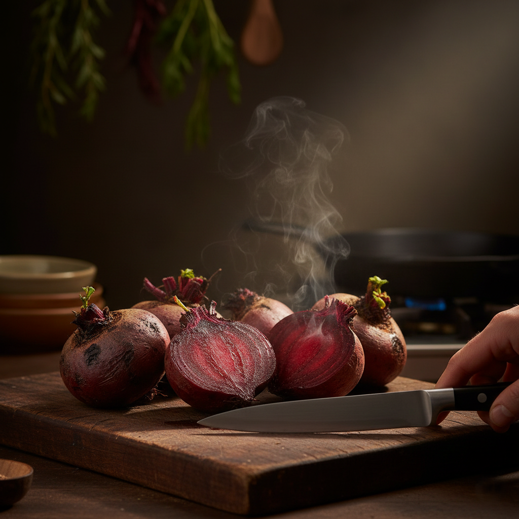 Hands peeling roasted beets on a cutting board, steam rising