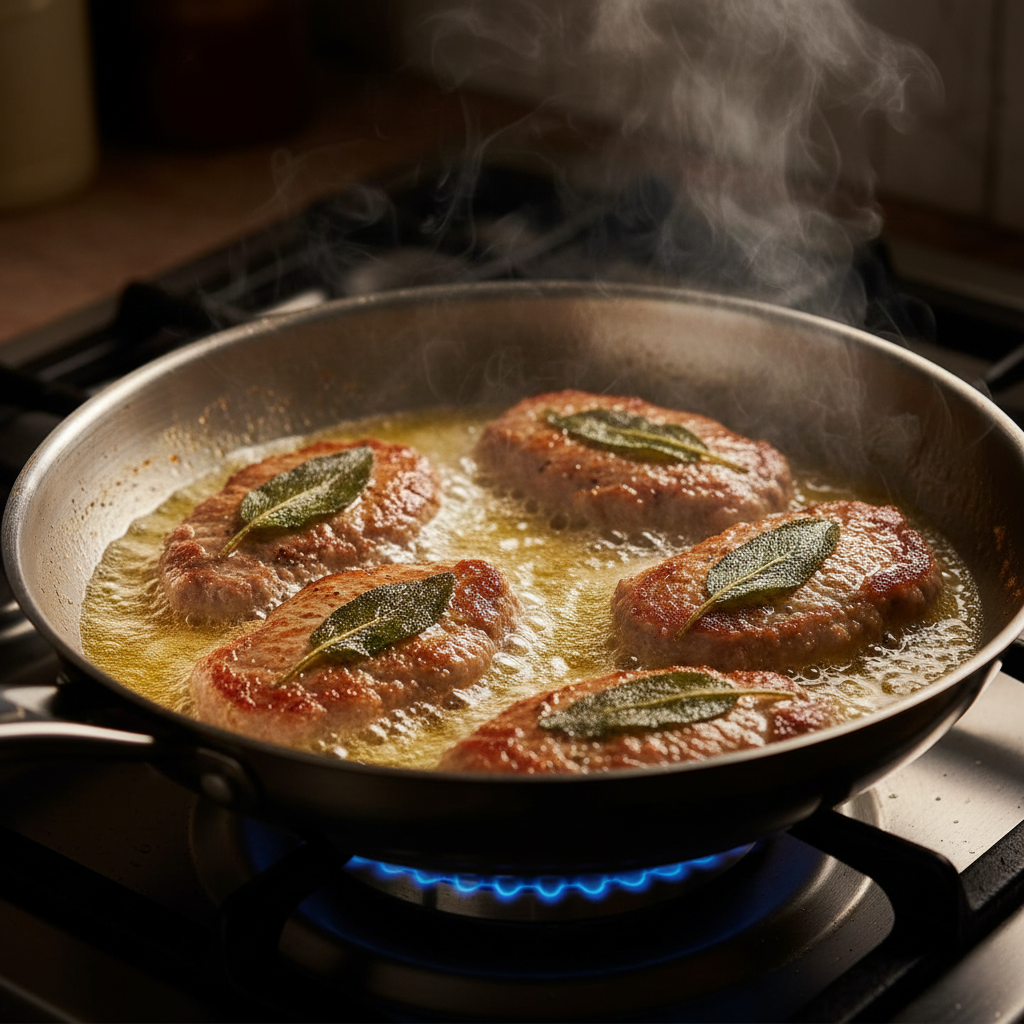 Veal cutlets sizzling in a stainless steel pan with golden brown edges