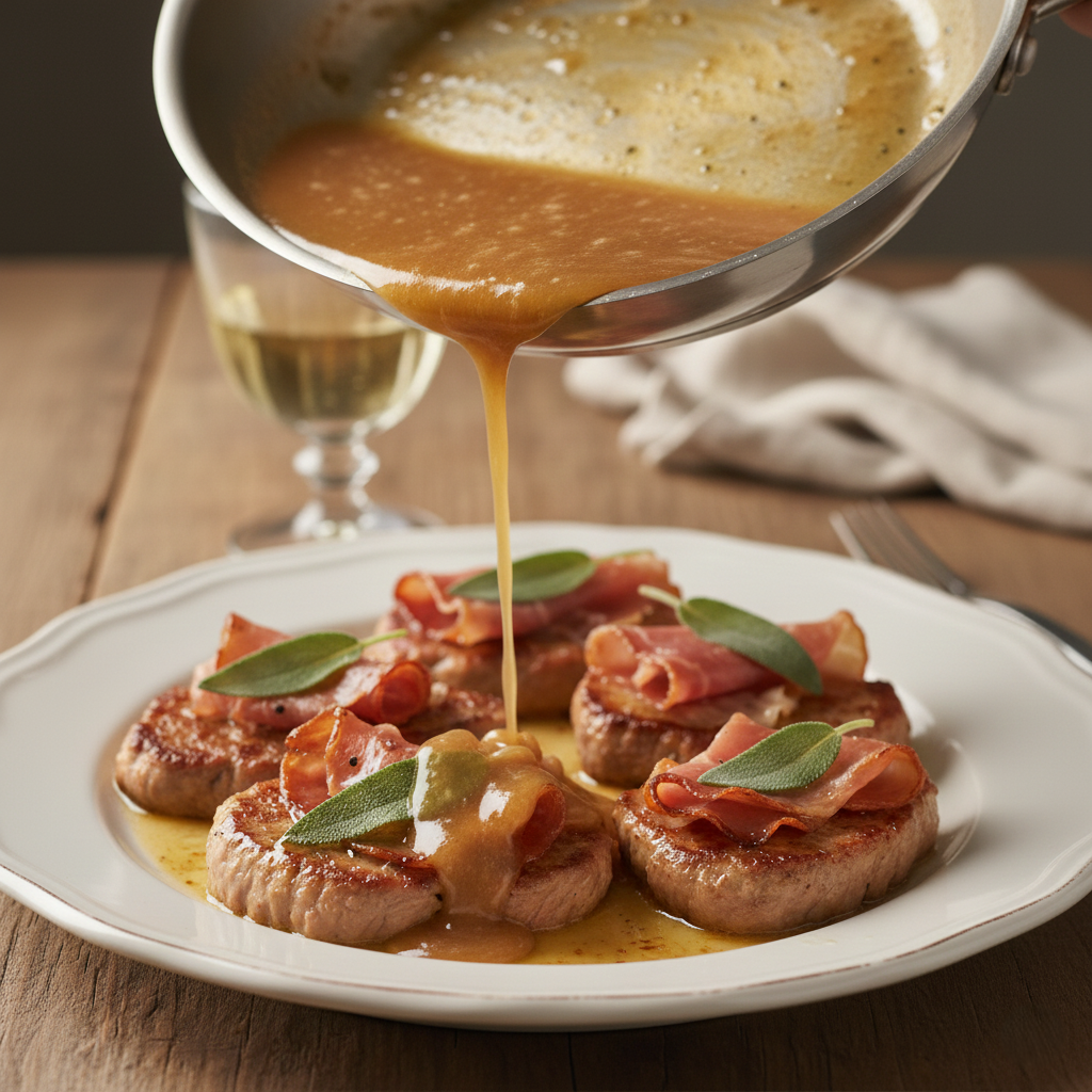 Rich butter and white wine sauce being poured from a skillet over plated veal