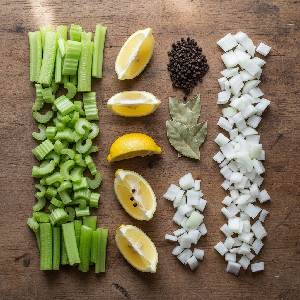 Flat lay of court bouillon ingredients including celery, lemon, peppercorns and bay leaves