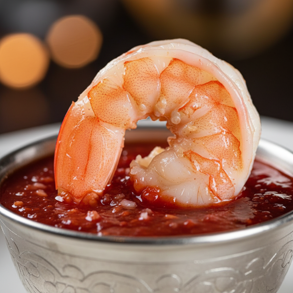 Close up macro shot of a chilled jumbo shrimp being dipped into vibrant red cocktail sauce