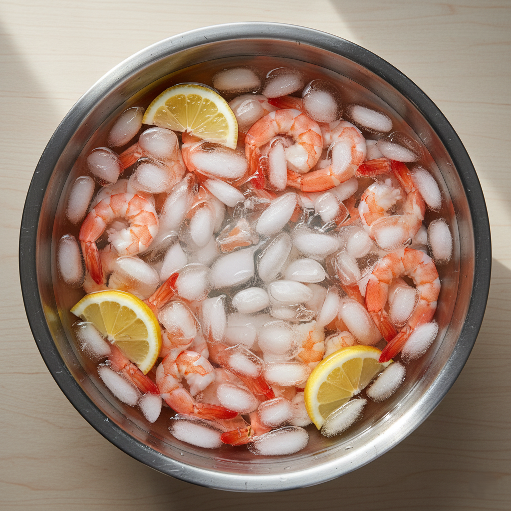 Top down view of pink poached shrimp cooling in an ice bath