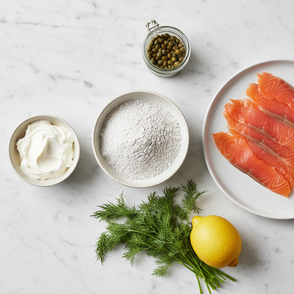 Raw ingredients including buckwheat flour and fresh salmon