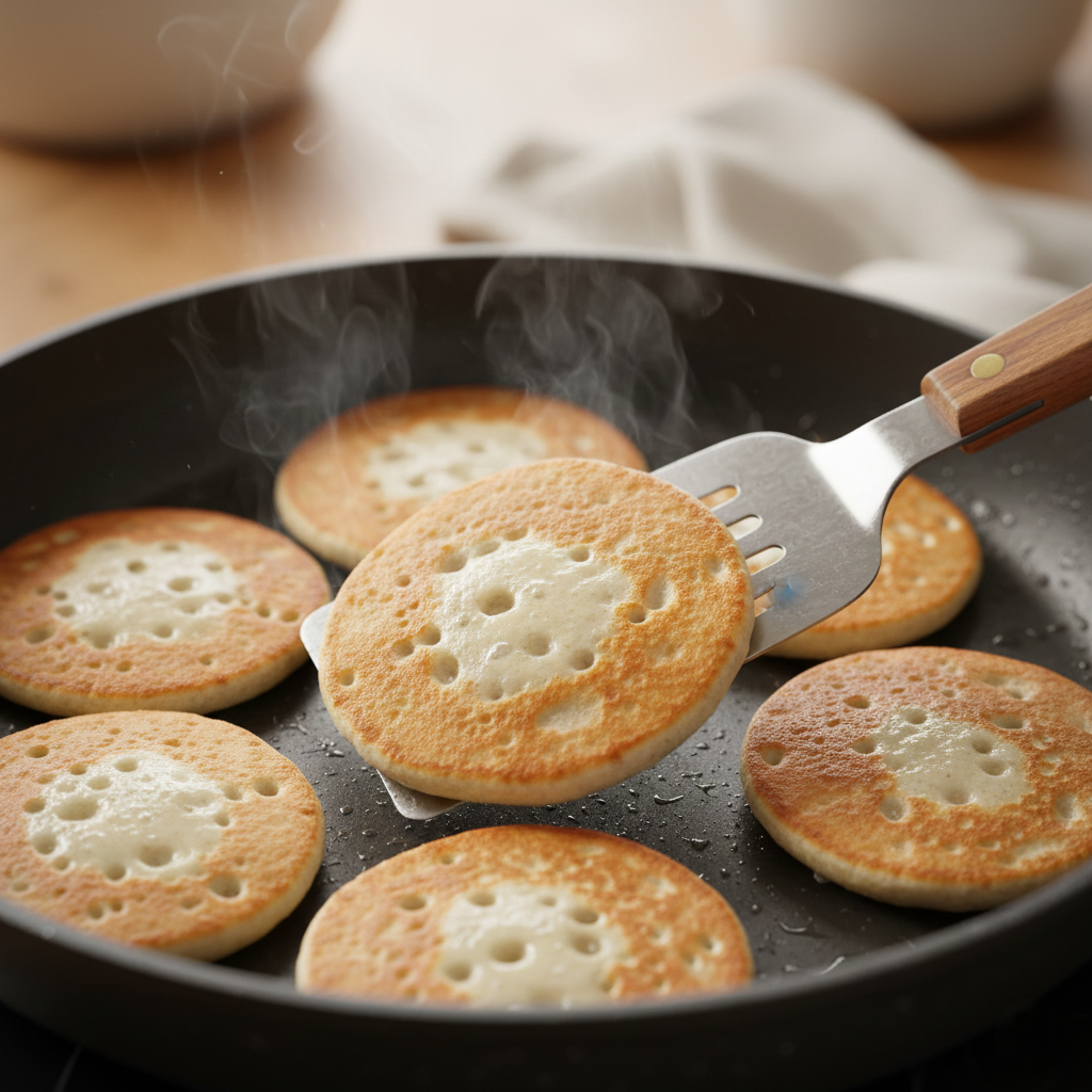 Golden brown blinis frying in a pan