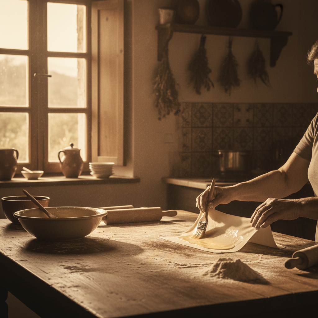 Old fashioned rustic Greek kitchen with hands rolling dough