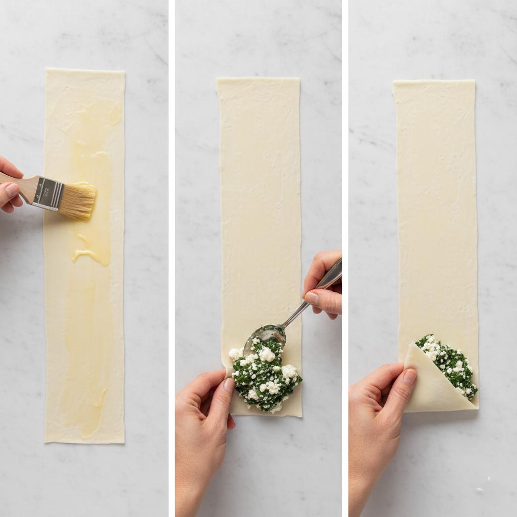 Step by step collage of brushing butter and folding the triangle