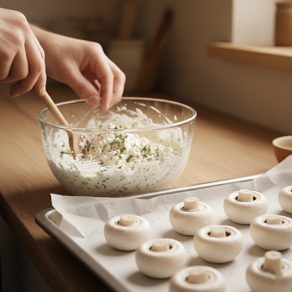 A bowl of creamy, herb-speckled goat cheese filling next to a tray of hollowed-out mushrooms