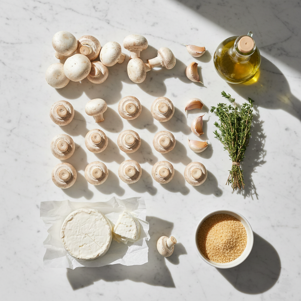 Fresh raw ingredients arranged on a marble counter including white button mushrooms, goat cheese log, and fresh thyme