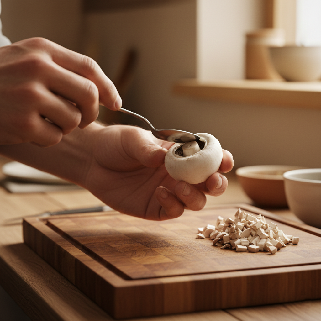 A chef using a small spoon to gently hollow out the mushroom caps, separating the stems