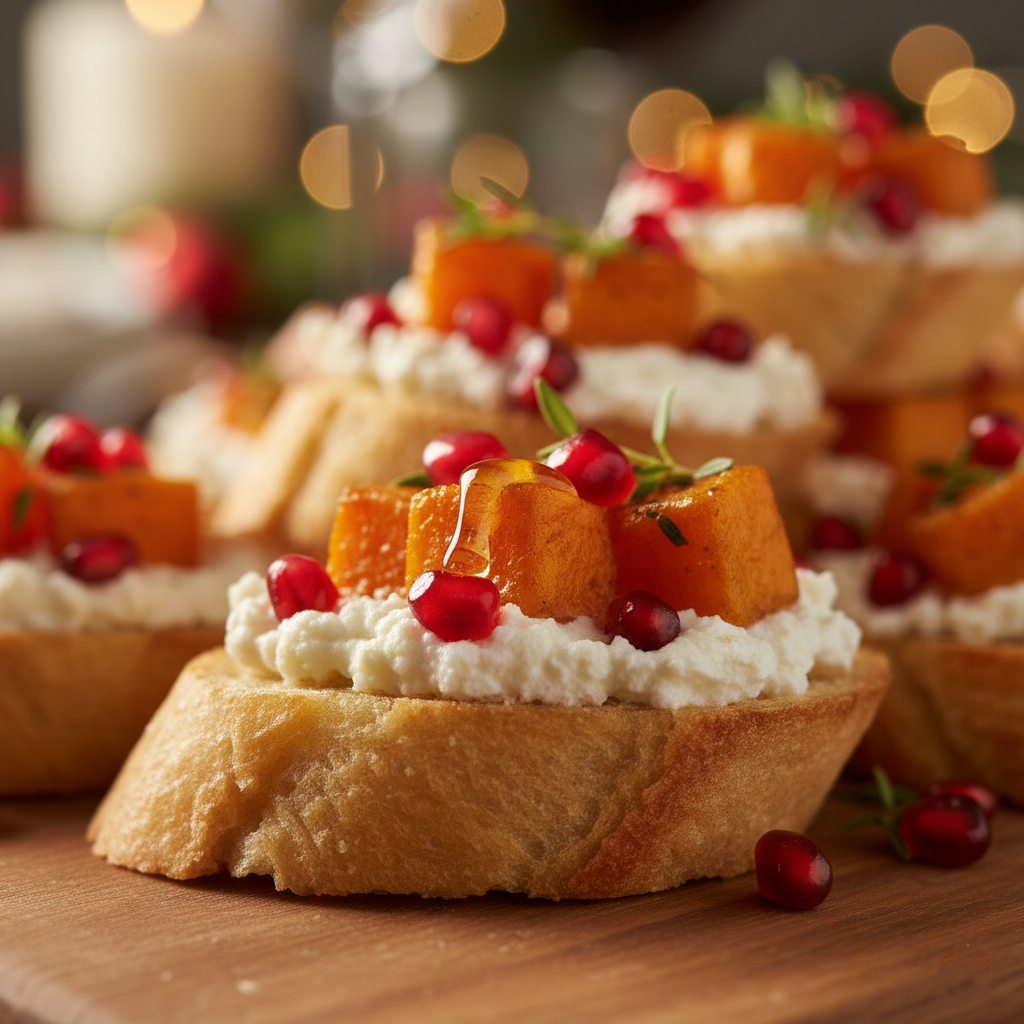 Close up macro shot of the crostini texture showing the creamy cheese and glistening seeds