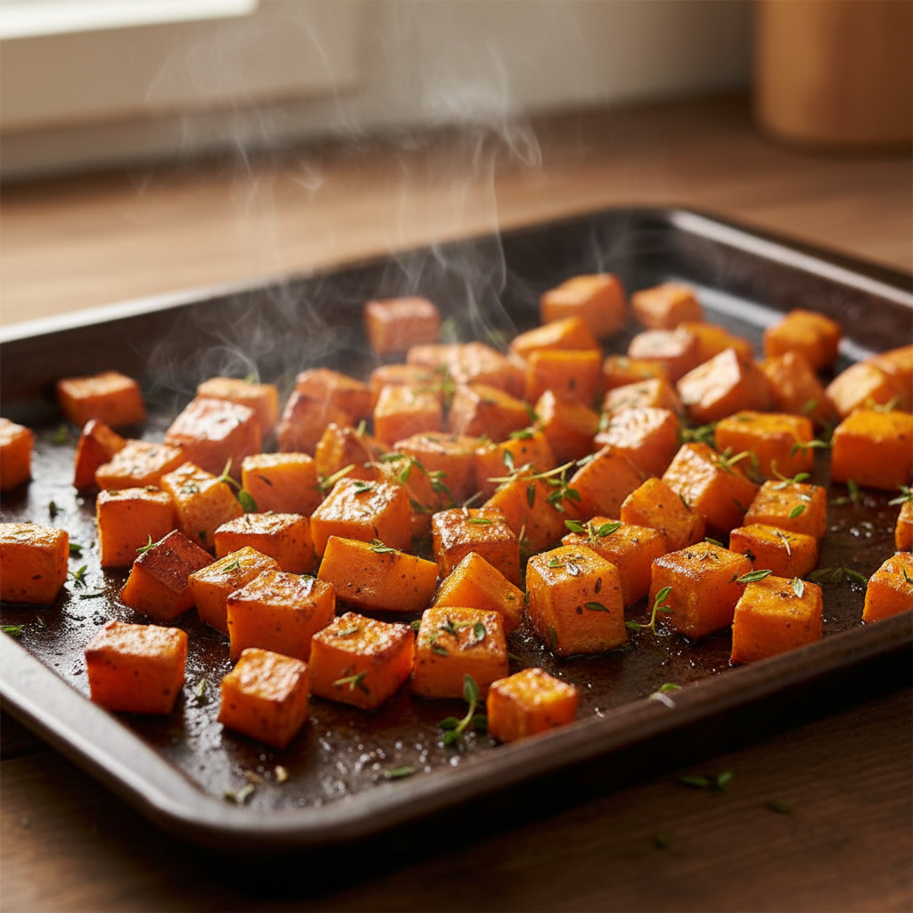 Golden brown roasted sweet potato cubes on a baking sheet